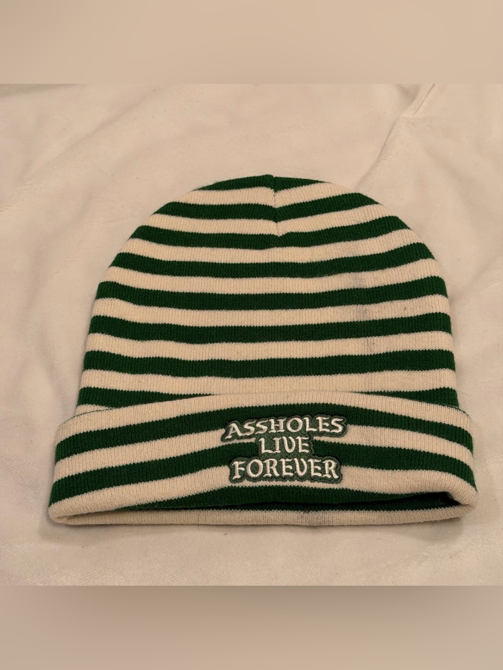 ALF Striped Beanie with Embroidered Slogan - Green & Cream
